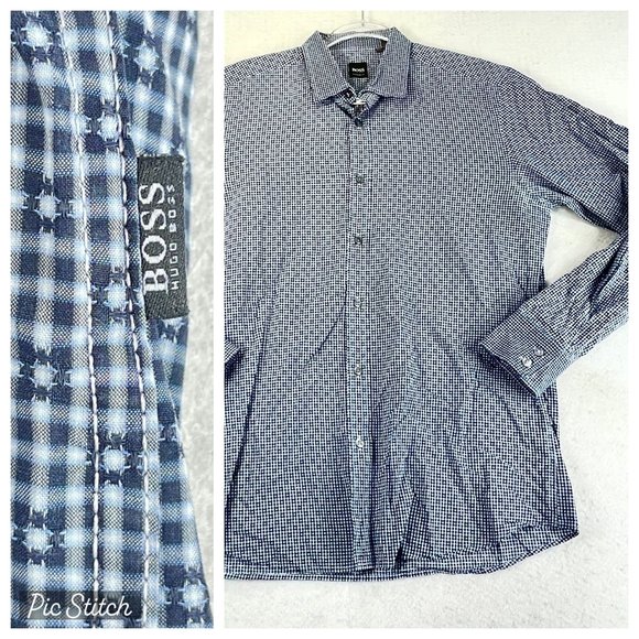 BOSS HUGO BOSS Mens L Blue Patterned Long Sleeve Button Down Shirt - Picture 1 of 14